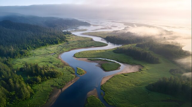 Serene Pacific Northwest river delta landscape tranquil wetlands bathed in soft morning light
