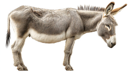 Obraz premium A full body view of a gray donkey standing in a white background looking down with long ears up