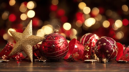 Christmas background with red ornaments, ribbons, and sparkling bokeh lights, perfect for holiday cards, greetings, invitations, and seasonal design projects.