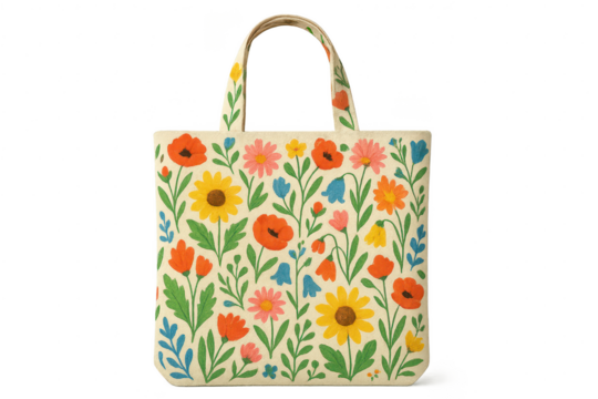 Floral tote bag with flower pattern isolated on transparent background, stylish - Powered by Adobe
