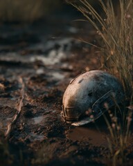Obraz premium A weathered military helmet partially buried in a muddy field with wild grass around it.