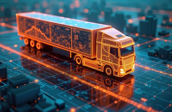 Digital glowing semi truck drives on illuminated circuit board road. Data graphs show on trailer. Orange lines represent data flow connecting futuristic tech city background. Visualizes smart