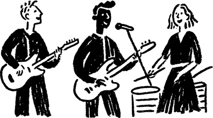 Musicians performing live with guitars and drums in a black and white vector illustration. Simple art depicting a band in a set performance.