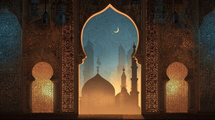 Ramadan kareem festive background featuring glowing mosque window with intricate islamic patterns and warm ambient lighting for spiritual eid celebration