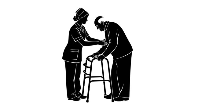 A nurse in uniform provides compassionate assistance to an elderly man using a medical walker.