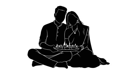 A silhouette of an Indian couple celebrating a festival, holding a tray with lit diyas.