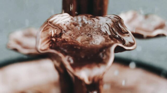 Copper fountain with water running in slow motion footage