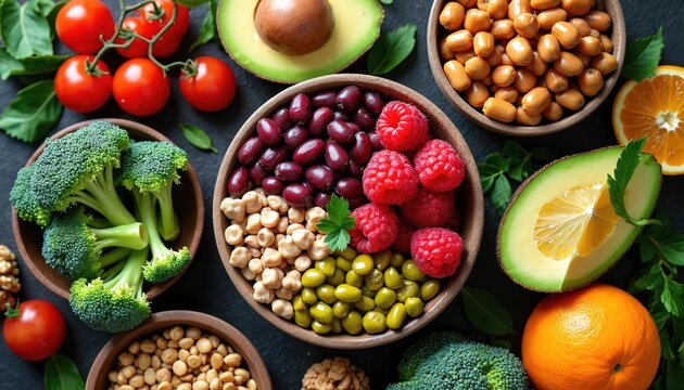 Fresh colorful vegan foods arranged on dark background. Bowls filled with chickpeas, red beans, raspberries, green peas, lentils. Avocado halves, broccoli florets, ripe tomatoes, oranges, nuts