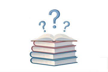 Stack of books with open book on top and question marks symbolizing curiosity