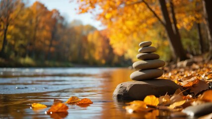 Balanced stones on a riverbank in autumn, zen stone formation with golden leaves on water, tranquil forest scenery, mindfulness nature, harmony with fall landscapes, meditative calmness