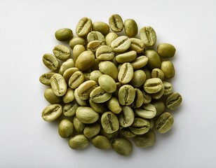 A stack of unroasted, raw green coffee beans that are prepared for processing.  Perfect for weight-loss products, health drinks, or the early stages of coffee production