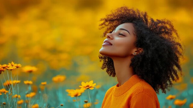 Serene woman with curly hair finding joy amidst vibrant field of brilliant yellow blossoms under warm natural light