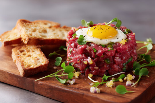 Delicious beef tartare with fried quail egg and toast points on a wooden board, perfect for gourmet menus and upscale dining promotions