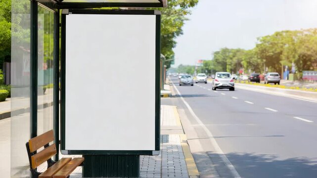 Blank vertical billboard at bus stop on sunny street, empty advertising space, city road view, outdoor signage, urban marketing, mockup display, daylight transportation area