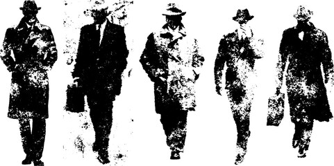 Professional men in stylish suits and hats walking confidently. This vector illustration features business attire in a cohesive set.