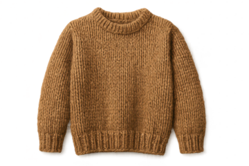Brown knitted wool sweater isolated on transparent background, warm apparel