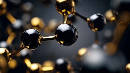 Black and gold molecular structure, glossy spheres connected by metallic bonds, nanotechnology background, scientific visualization, atomic model, skincare innovation, cosmetic science, 3D rendering - Powered by Adobe