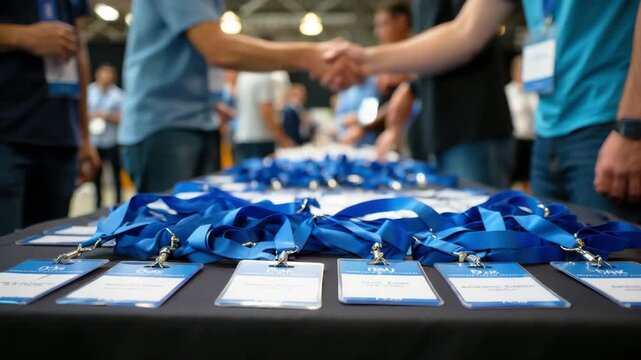 Name badges with blue lanyards on registration table, people shaking hands in background, conference check-in, networking event, corporate gathering, business meetup, professional convention