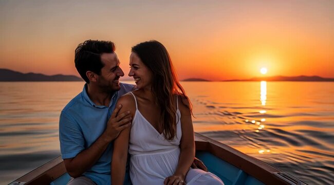 Romantic sunset boat ride, cheerful couple enjoying a boat trip at sunset, Love on the Water
