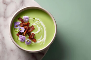 Delightful green pea soup with crispy bacon and edible pansies in a modern bowl, perfect for showcasing fresh, vibrant, and delicious cuisine