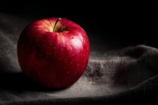 A single red apple placed on a black background under dramatic light.