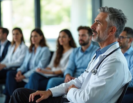Medical team listens attentively in conference hall. Doctor in lab coat with stethoscope leads presentation. Professionals attend training at convention center. Healthcare experts learn about new
