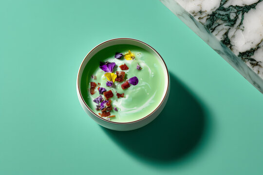 Delightful green smoothie bowl with edible flowers and bacon bits on a fresh turquoise table, perfect for healthy eating and vibrant lifestyle concepts