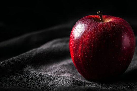 A single red apple placed on a black background under dramatic light.