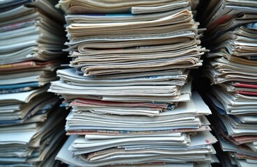 Stacks of paper magazines and newspapers piled high for recycling. Old documents are neatly arranged waiting for reuse. Collection of printed materials.