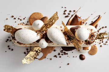 Indulge your senses with this elegant dessert featuring delicate meringue, rich chocolate, and edible gold for luxurious food creations & celebrations