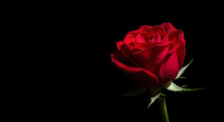 A single vibrant red rose in full bloom isolated on a stark black background with dramatic lighting