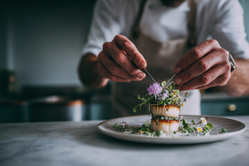 Elegant chef carefully garnishing seared scallops with delicate flowers for a stunning gourmet presentation, perfect for fine dining menus and food blogs