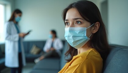 Young woman in medical face mask sits in waiting room. Doctor and other patient out of focus. She looks concerned awaiting appointment. Healthcare and medical concepts.