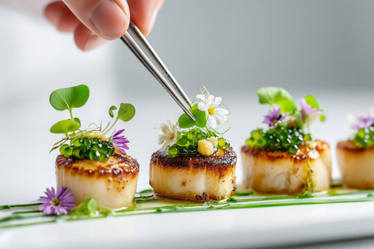 Exquisite seared scallops being artistically garnished with fresh herbs and edible flowers for a stunning gourmet presentation, culinary perfection
