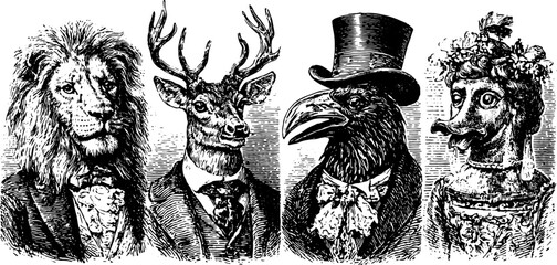 Obraz premium Engraved representations of various animals in a vintage style. This set features a lion, deer, raven, and duck in detailed vector illustration.