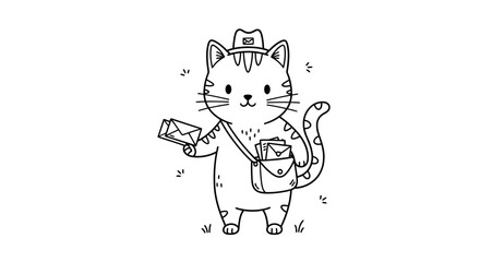 Cute cartoon cat dressed as a mail carrier holding letters, black and white outline drawing perfect for coloring.