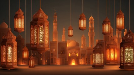Ramadan kareem festive background featuring glowing arabic lanterns and illuminated mosque with intricate islamic patterns for spiritual celebration and holiday atmosphere