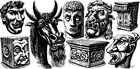 Statue carvings featuring expressive faces and horse heads. Detailed vector illustration showcasing classical art in a set.