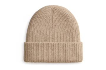 Beige knitted beanie hat isolated on transparent background, warm winter accessory.