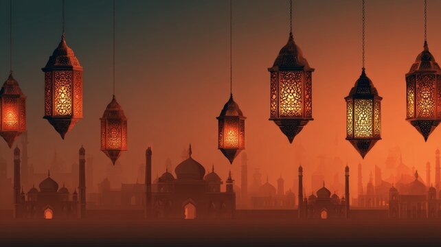 Ramadan kareem festive background featuring glowing arabic lanterns and illuminated mosque with intricate islamic patterns for spiritual celebration and holiday atmosphere
