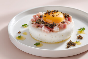 Exquisite tuna tartare crowned with vibrant egg yolk and truffle pearls, a modern gastronomic delight for discerning palates, elegant presentation