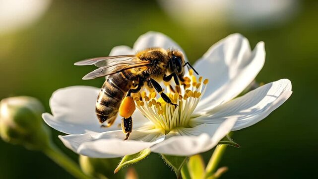 A close-up of a bee pollinating a white flower in a serene garden.