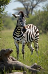 Naklejka premium Lone zebra stands in grassy savanna. Black and white stripes are clear. It looks at camera in natural wild habitat. Trees are in background. It is daytime.