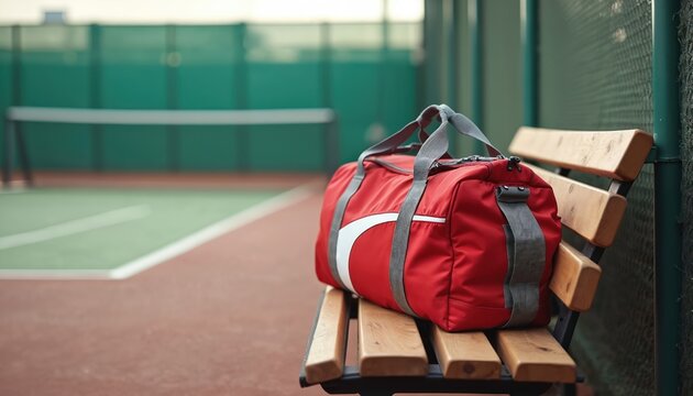 Red duffel bag sits on bench at tennis court ready for play. Sports gear waits for player to start active outdoor game or practice session. Athlete needs bag for tennis equipment.