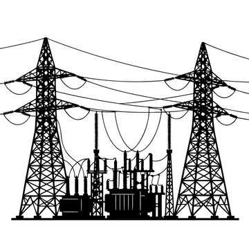 Electric Power Substation Silhouette Graphic, High Voltage Energy Transmission Art, Industrial Electricity Grid Vector, Utility Infrastructure Distribution Icon, Transformer Station Black and White
