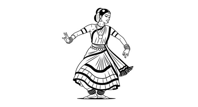 Black and white illustration of a woman performing classical Indian dance with traditional attire and graceful mudras.