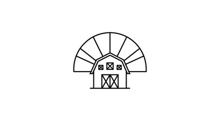 Line art illustration of a barn with a radiating sunburst design behind it, depicting a farm or agricultural theme.