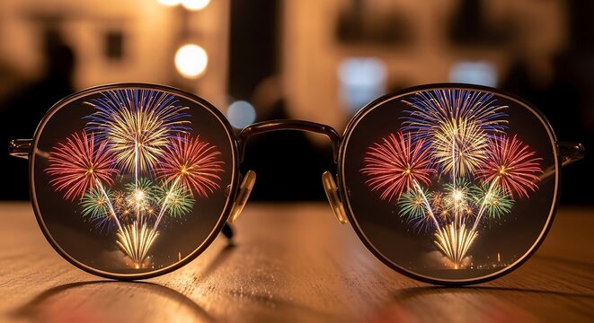 Close up of eyeglasses reflecting colorful fireworks display - Powered by Adobe