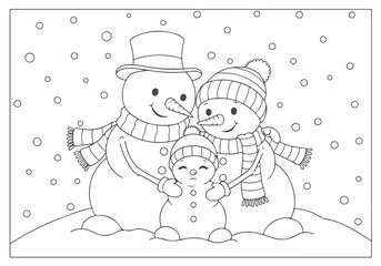 Charming Snowman Family Outline for a Fun Printable Winter Wonderland Coloring Book, Perfect Holiday Activity