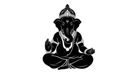 Black silhouette of the Hindu deity Ganesha sitting in a meditative pose, adorned with a crown and jewelry, on a white background.